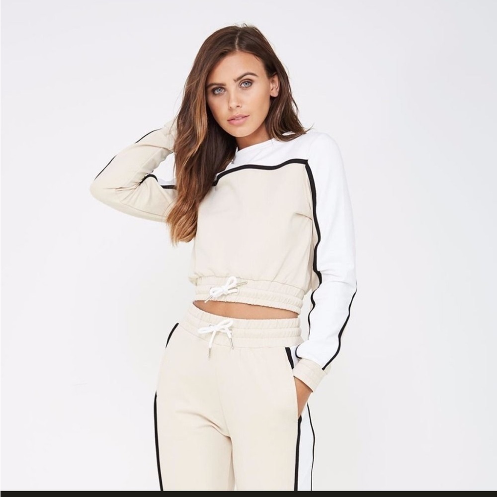 MANIERE DE VOIR Stripe Long Sleeve Crop Hooded Sweatshirt White Black Tan Sz 12